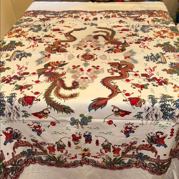 Colorful Chinese Dragon and Floral Tablecloth - Picture 3 of 12